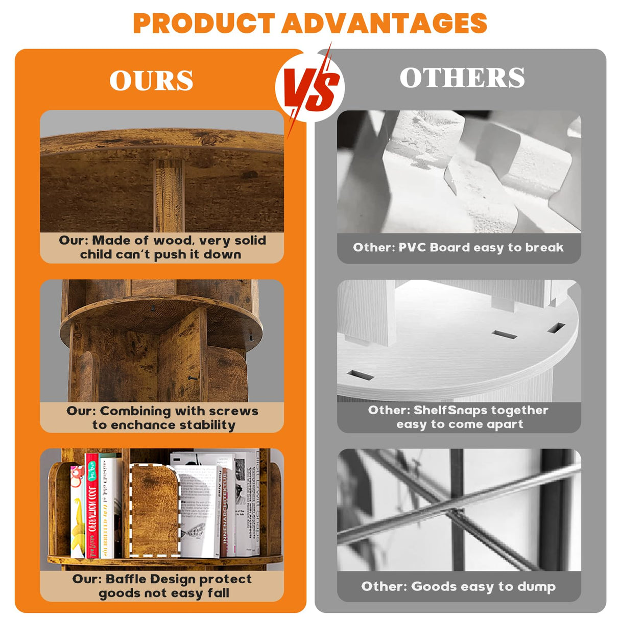 Aheaplus 6 Tier Rotating Bookshelf, Wood Spinning Bookshelf Tower, Round Revolving 360 Bookcase, Narrow Turning Book Shelf Rolling Corner Organizer for Small Space, Bedroom, Office, Rustic Brown Aheaplus