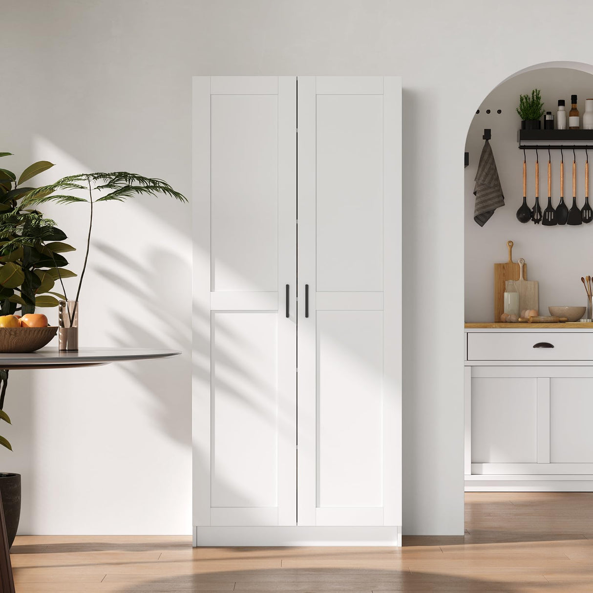 White Tall Kitchen Pantry Cabinet Organizers and Storage with Doors and Adjustable Shelves,Wood Large Gabinetes Para Cocina Office Bookshelf for Laundry Room Cabinets (31.5”W*15.7”D*71”H) Fenghua Lizhi