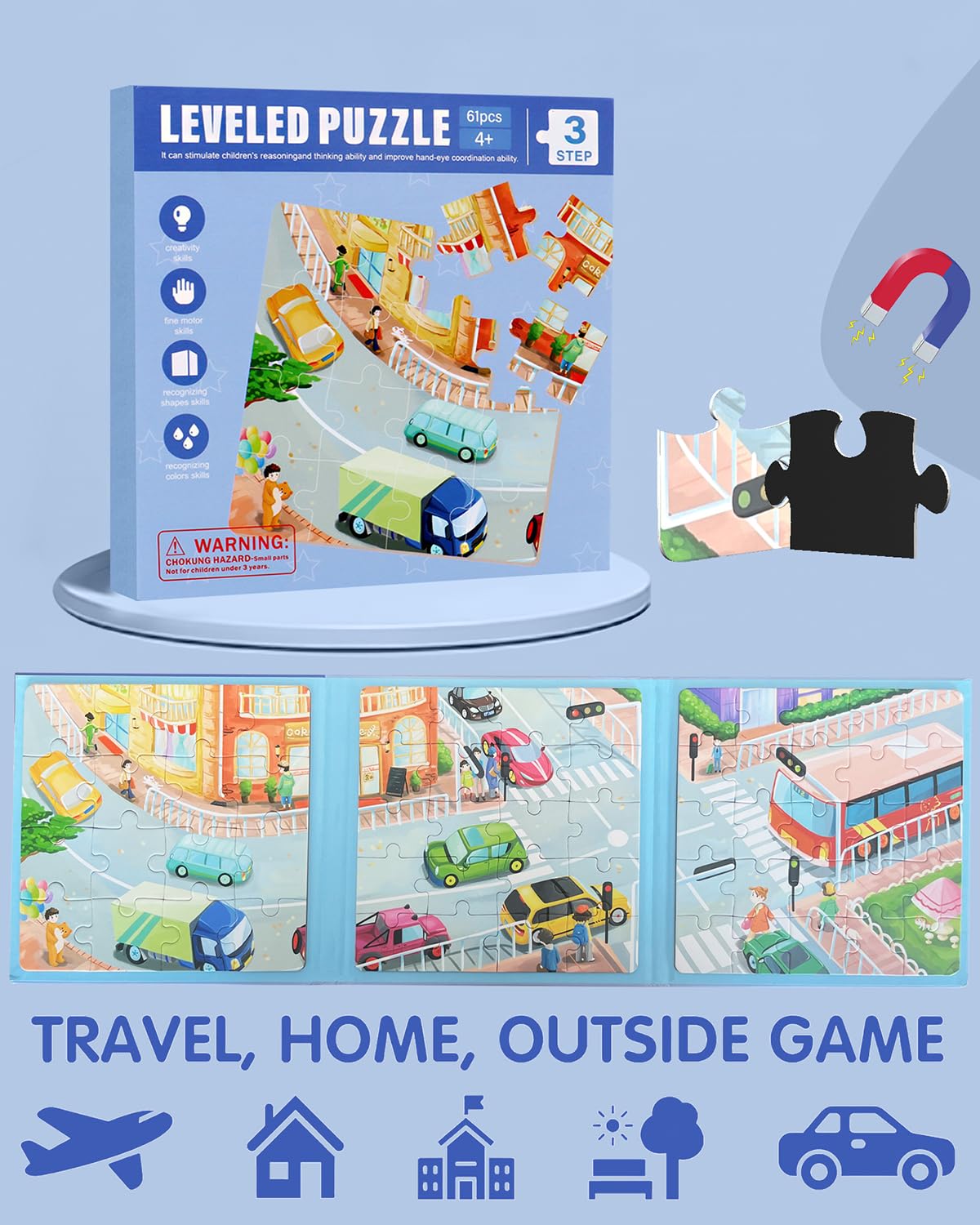 Magnetic Puzzles for Kids Ages 4-8, 3 in 1 Magnet Jigsaw Puzzle Book, Kids Travel Puzzles Car Road Trip Activities Toys, Learning Magnet for Road Trip (Transportation) Unistylar