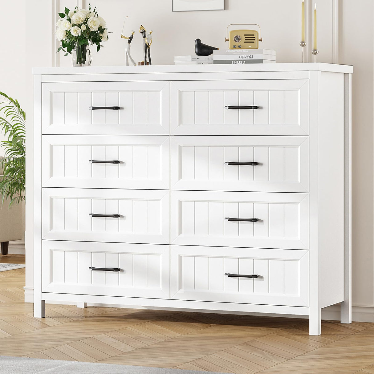 Jocoevol Farmhouse Dresser 8 Drawer Dresser for Bedroom, Large Wooden Dressers Double Grey Dresser with Deep Drawers Dressers for Hallway, Entryway (White) Jocoevol