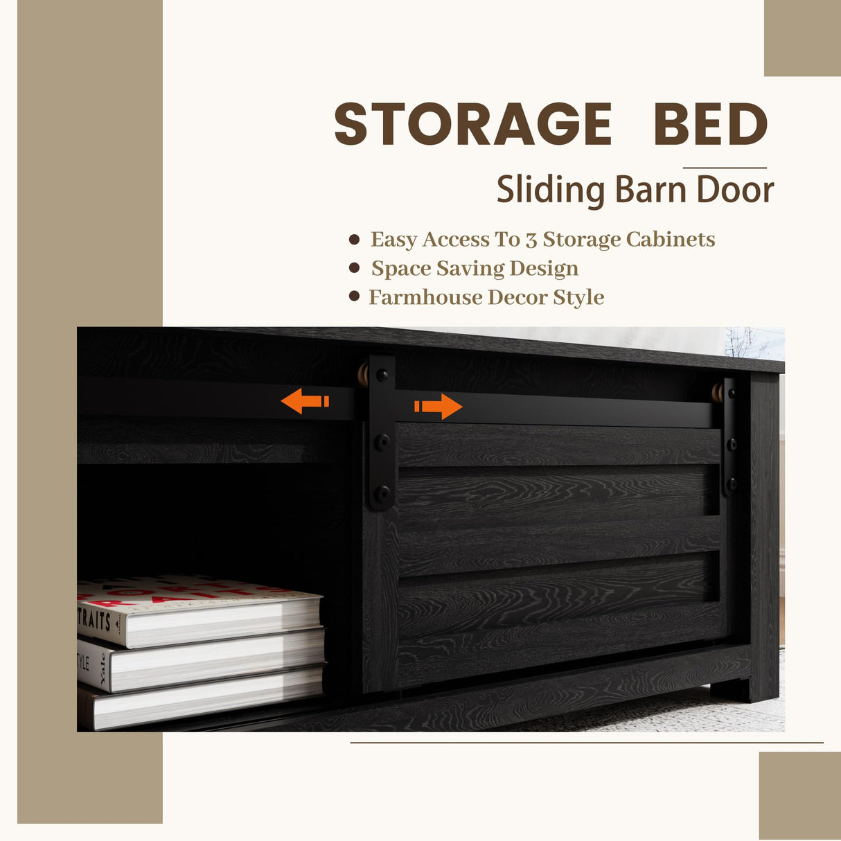 PAUKIN Queen Size Wooden Bed Frame with Headboard, Farmhouse Storage Bedframe with Sliding Barn Door Footboard and Charging Station Easy Assembly, No Box Spring Needed (Classic Black, Queen) PAUKIN