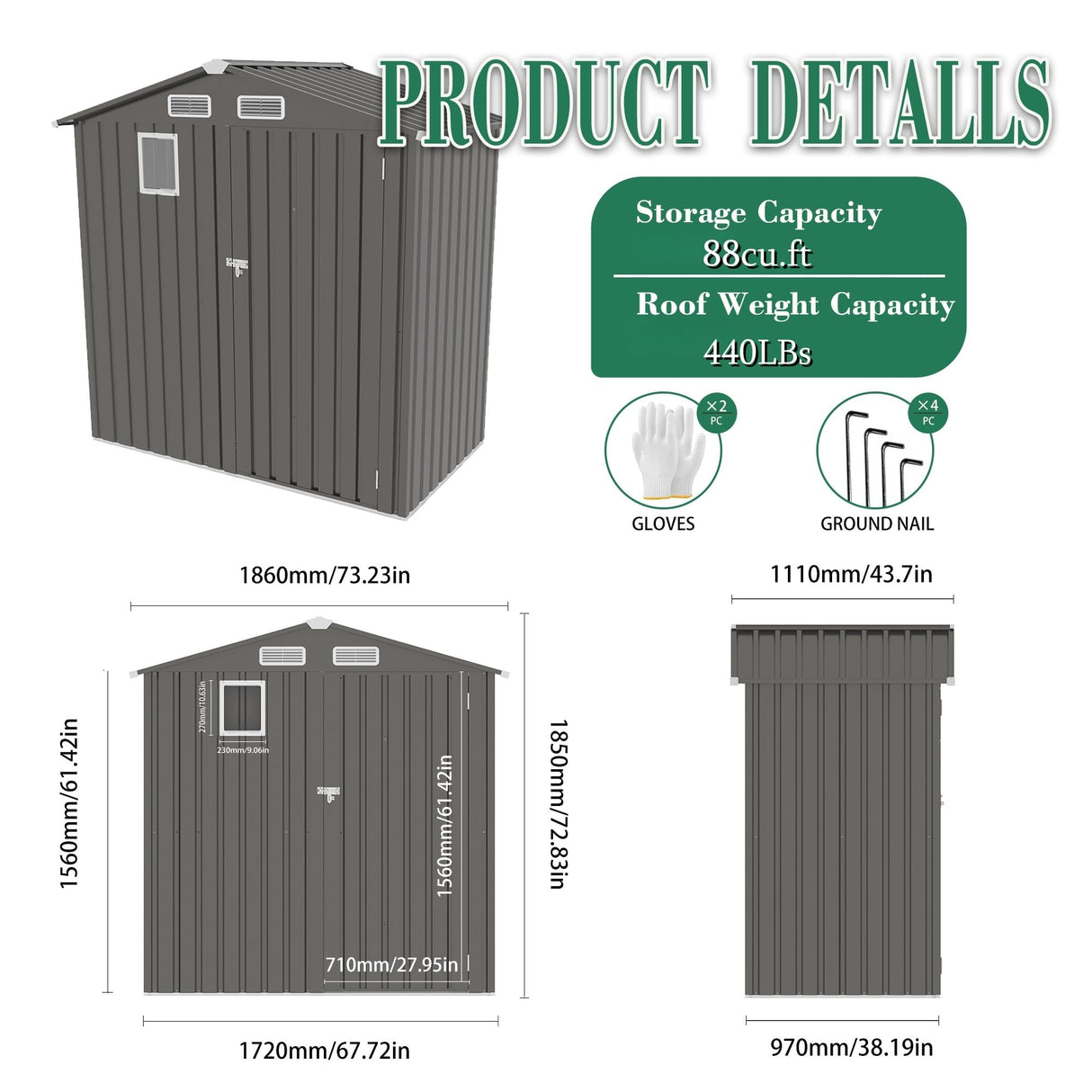 Vigo huseeo 6x3.6FT Outdoor Storage Shed, Galvanized Steel Garden Shed with Lockable Door & Window, Waterproof Metal Tool Storage for Garden, Backyard, Patio, Lawn(Peak Roof) Vigo huseeo