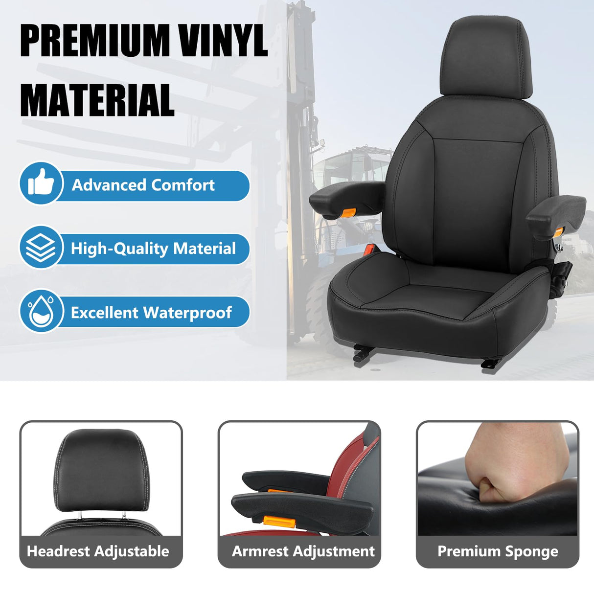 TICSEA Universal Tractor Seat, Forklift Seat with Retractable Seatbelt and Adjustable Backrest Headrest Armrests for Boat Excavator Harvester Loader Backhoe Dozer Telehandler(Black) TICSEA