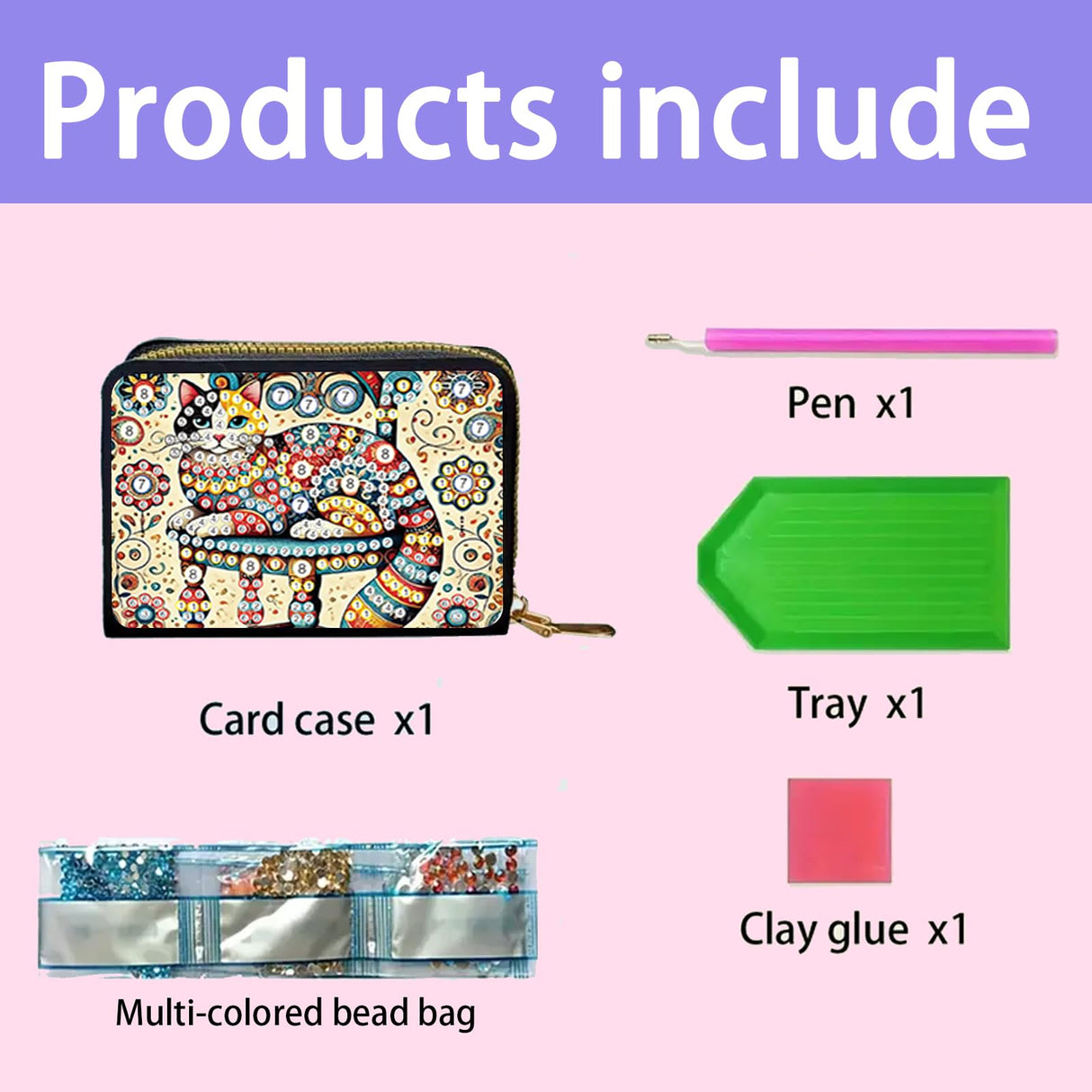 JZHYOAN Diamond Art Credit Card Holder, 4.33x3.14x0.98 Inch DIY Special Pattern Zipper Business Small Wallet Coin Purse Keychain Card Holder Wallet for Woman Adult Man Family-Cat JZHYOAN