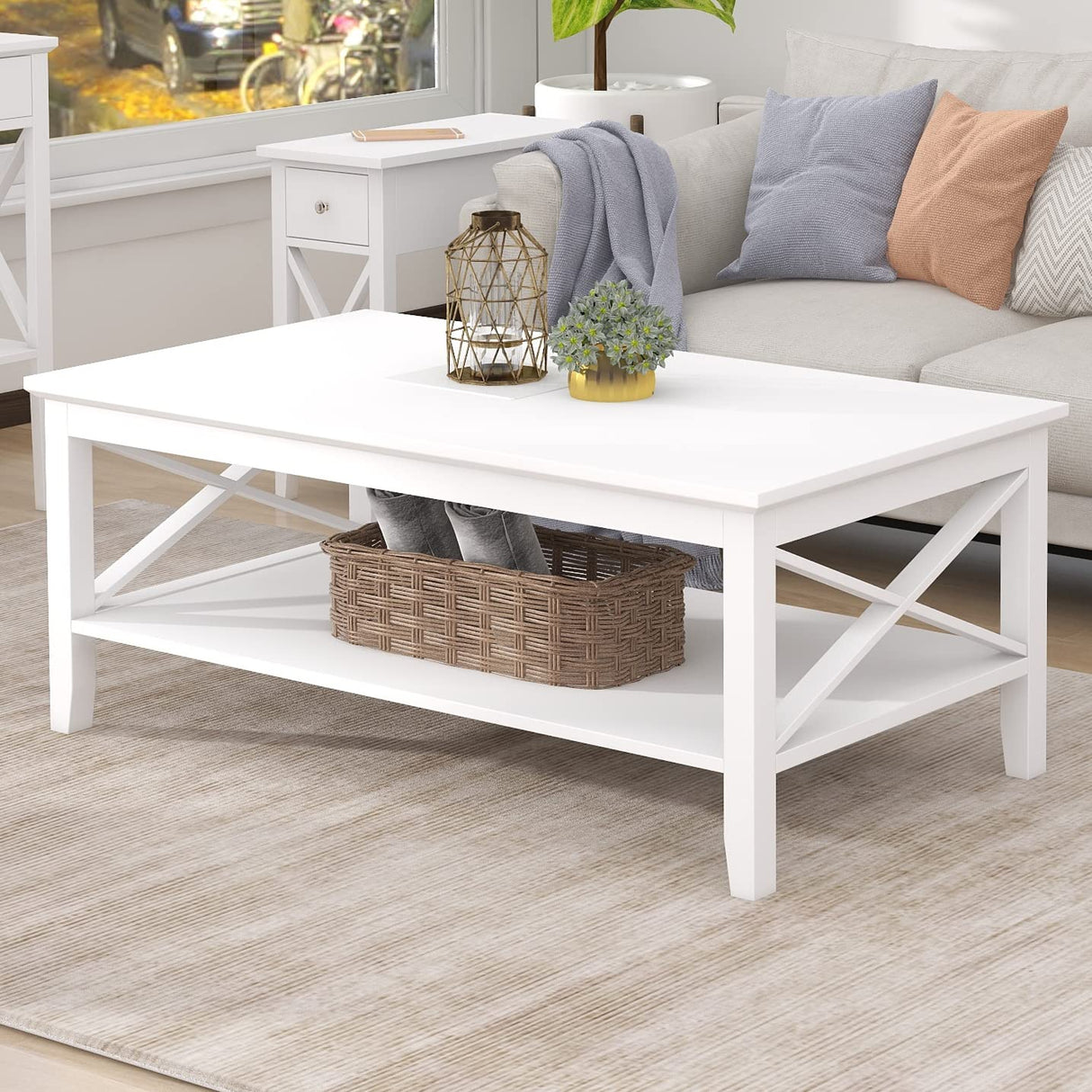 ChooChoo White Coffee Table Classic X Design for Living Room, Rectangular Modern Cocktail Table with Storage Shelf, 39 Inch ChooChoo