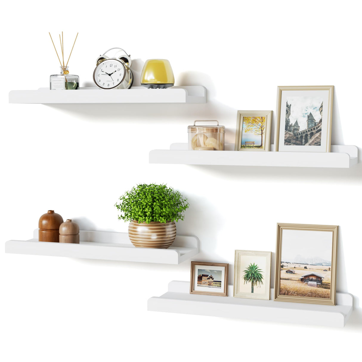 Love-KANKEI White Floating Shelves for Wall Set of 4, Wood Wall Shelves with Lip,15.6 Inch Rustic Hanging Shelves for Bedroom Bathroom Living Room Kitchen Nursery Display Love-KANKEI