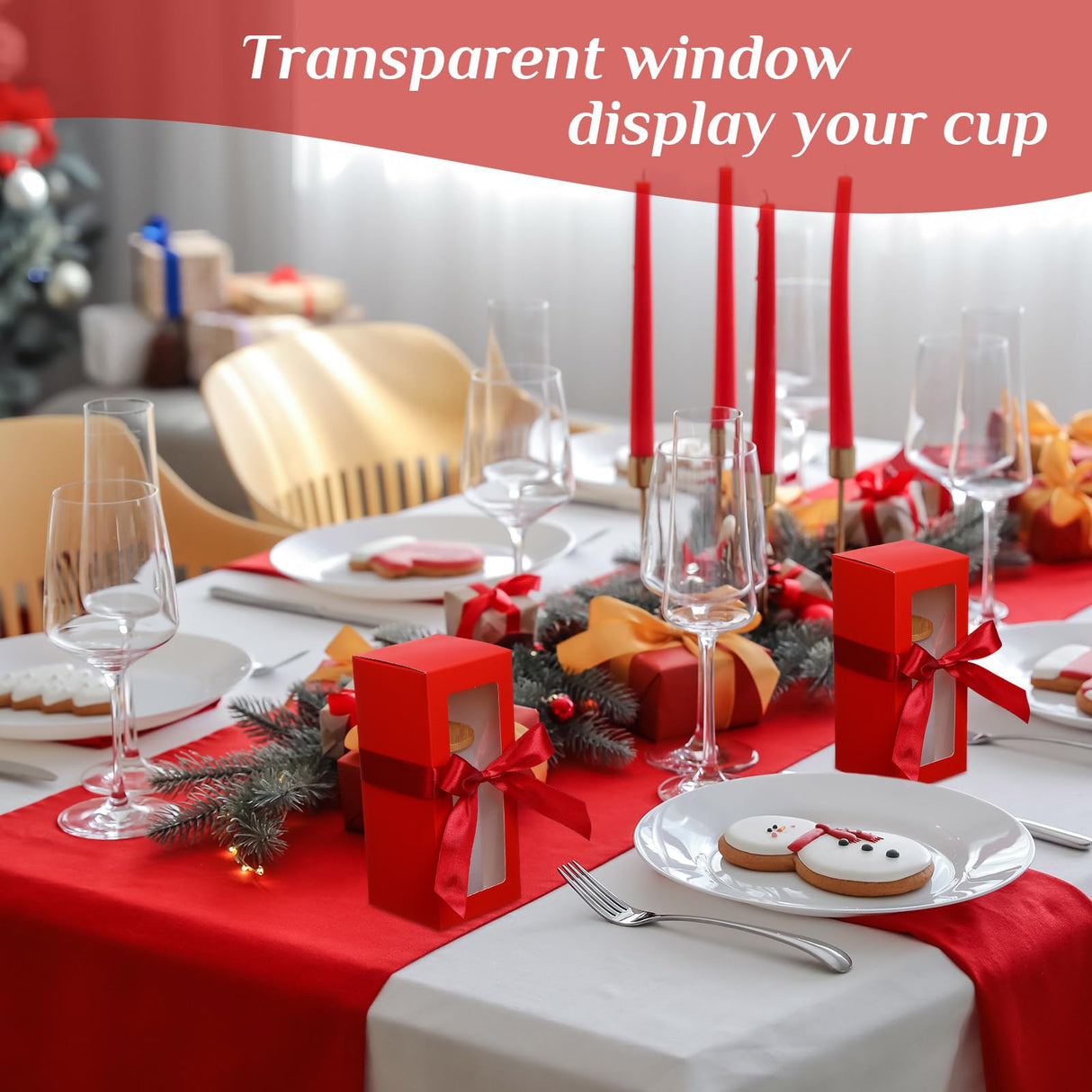 Honoson 24 Pcs Gift Boxes with Ribbon for Sublimation Glass Exhibition Boxes Transparent Gift Box for 12oz 16oz 20oz Drinking Glasses Jars Sublimation Glass Can Blanks Tumbler Gift Box(Red) Honoson