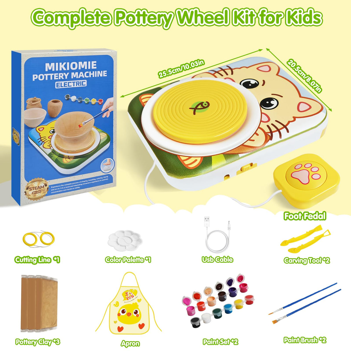 Pottery Wheel for Kids Arts and Crafts Toys for Kids 4-8 8-12 Girl Beginner with Foot Pedal USB Power 3 Clay Packs Apron Tools Mini Art Supplies Birthday Christmas Gifts for 9 Year Old Girls Mikiomie