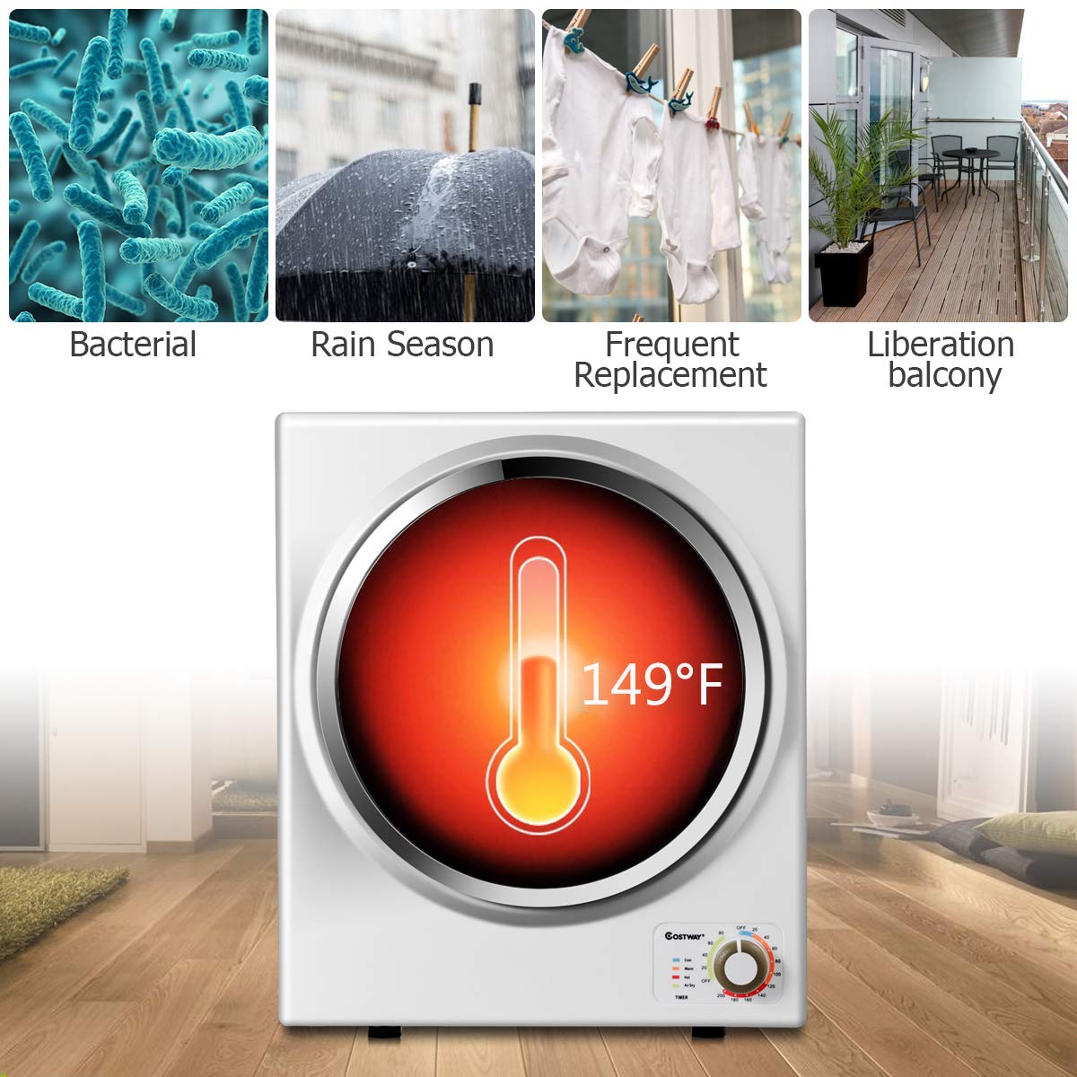 COSTWAY Compact 110V Electric Portable Clothes Stainless Steel Tub Laundry Dryer, for 4 Automatic Drying Mode, White COSTWAY