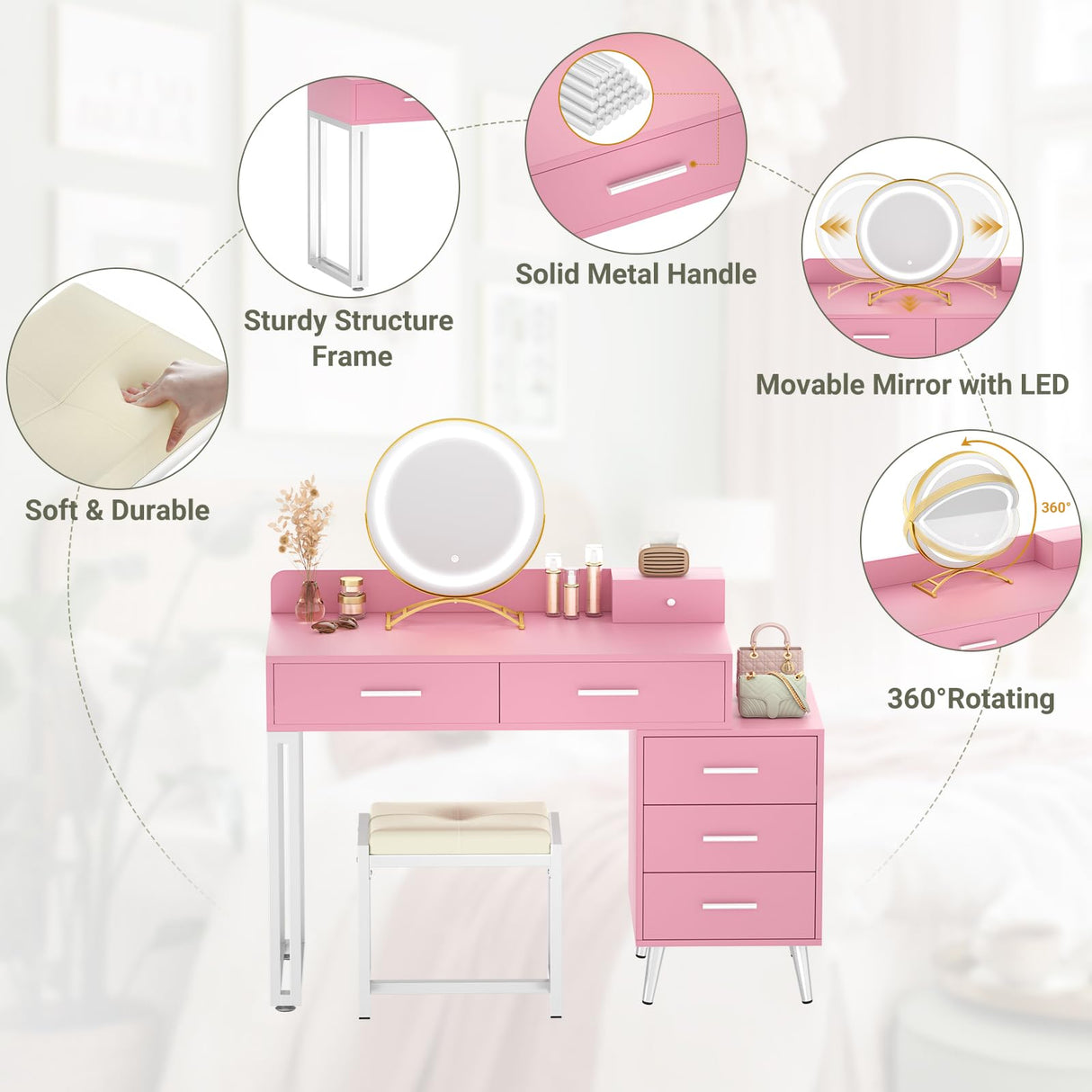 Pink Vanity Desk with Mirror and Lights, Modern Makeup Vanity Table Set with 6 Storage Drawers and Cushioned Stool for Bedroom, Dressing Table with Divided Organizers for Women Girls, Pink armocity