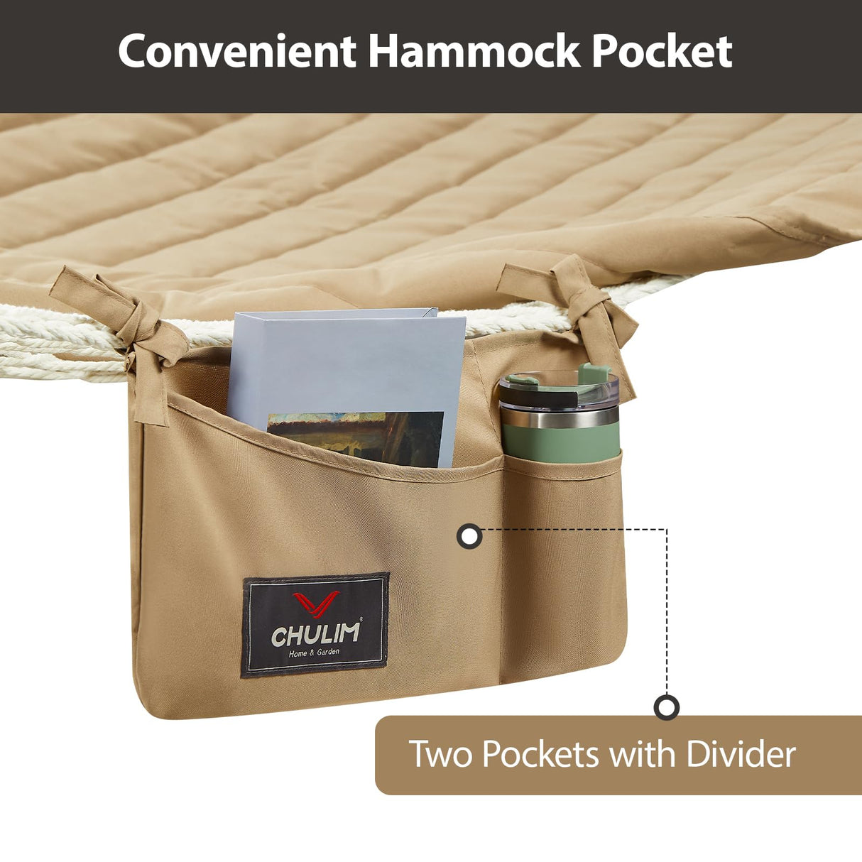 CHULIM Outdoor Double Hammock with Hardwood Spreader Bars, Cotton Rope Hammock with Polyester Pad and Pillow, 475 LBS Capacity 2 Person Hammock, Large Hammock for Patio Backyard Poolside - Tan CHULIM