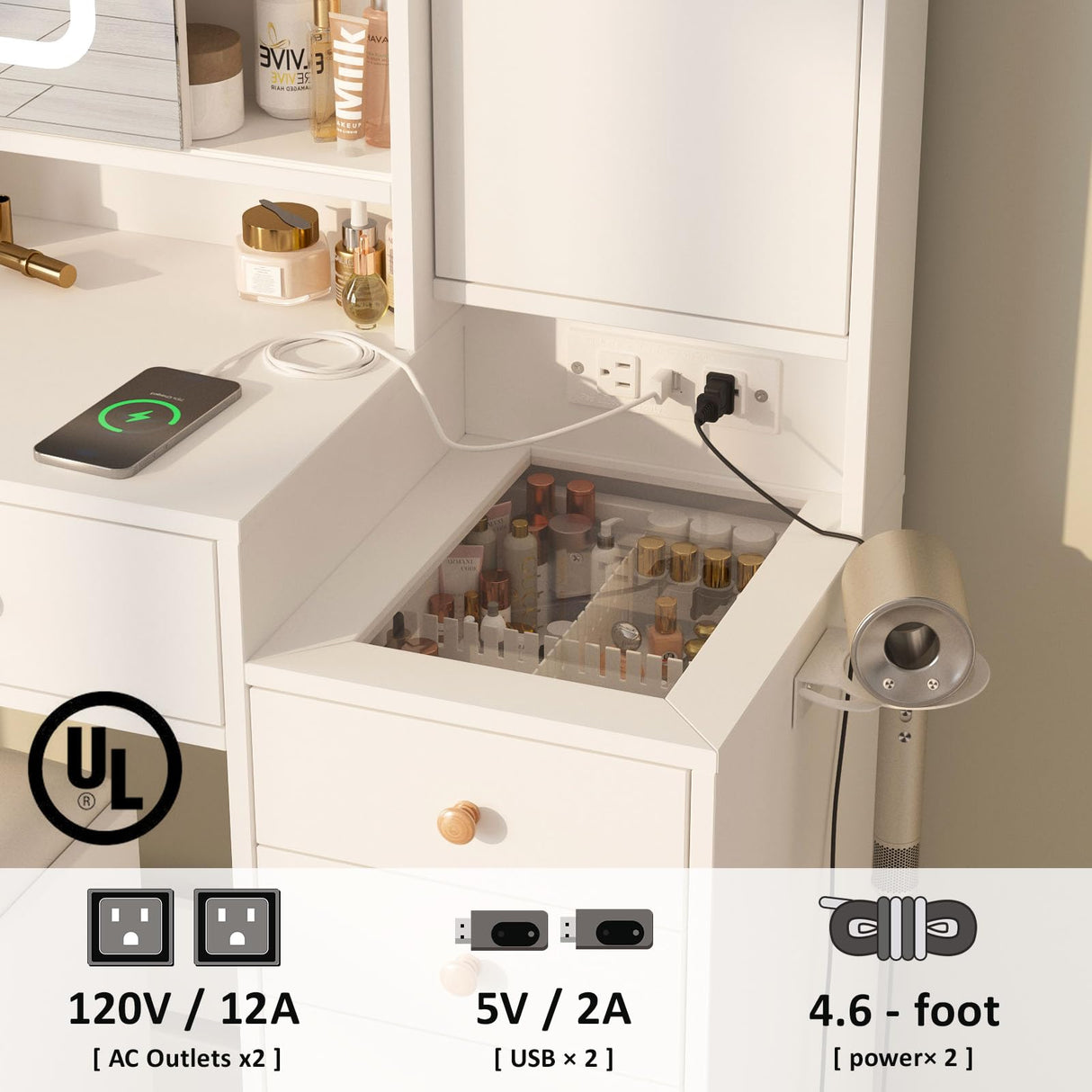 Vanity Desk with Mirror, Lights and Charging Station, 3-Drawer Glass Top Vanity Table with Jewelry Cabinet, 42.8 inch Halitaa