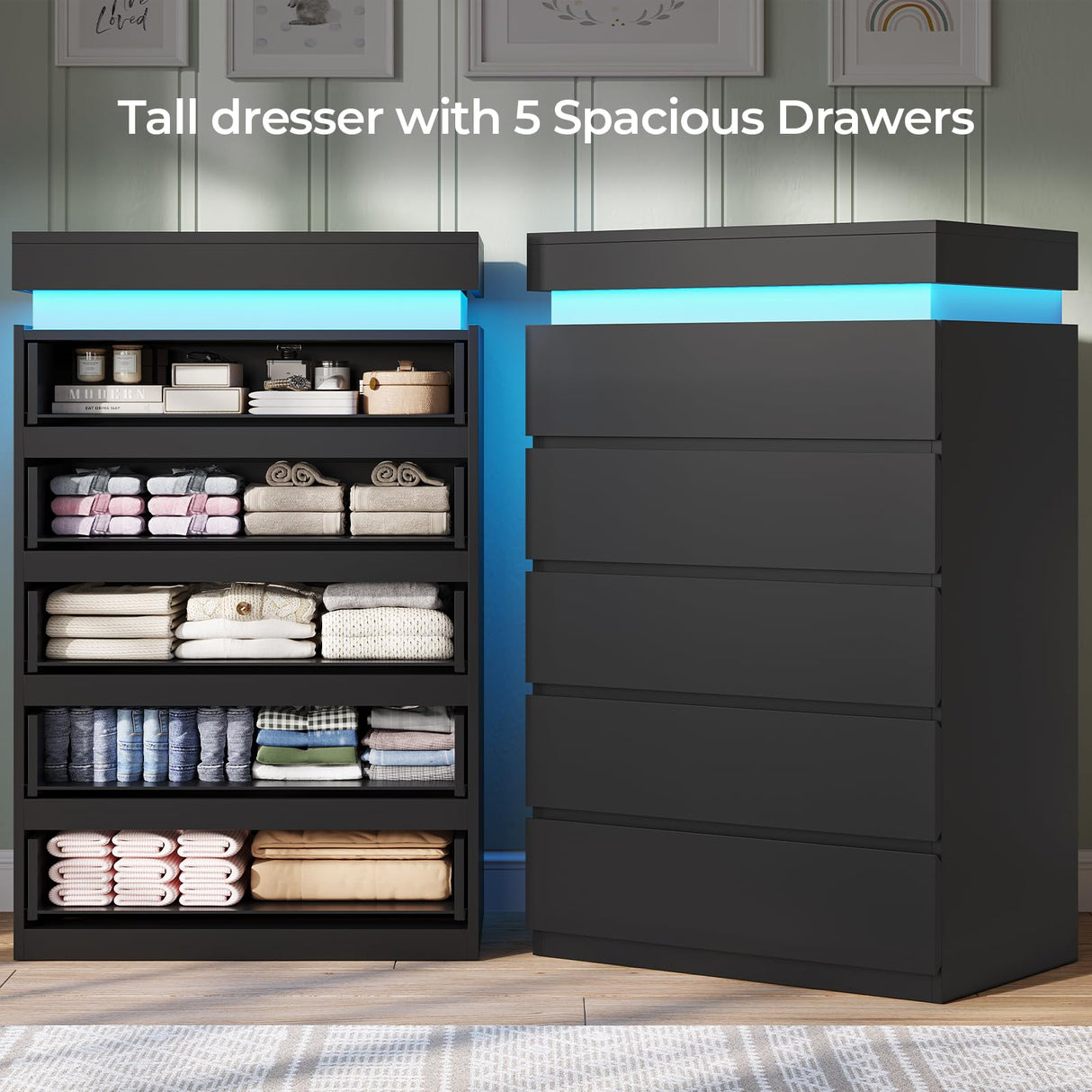 BTHFST 5 Drawers Black Tall Dresser with LED Lights, Modern Tall LED Organizer for Bedroom, Wooden Tall Chest of Drawers with Large Capacity for Bedroom, Closet, Hallway BTHFST
