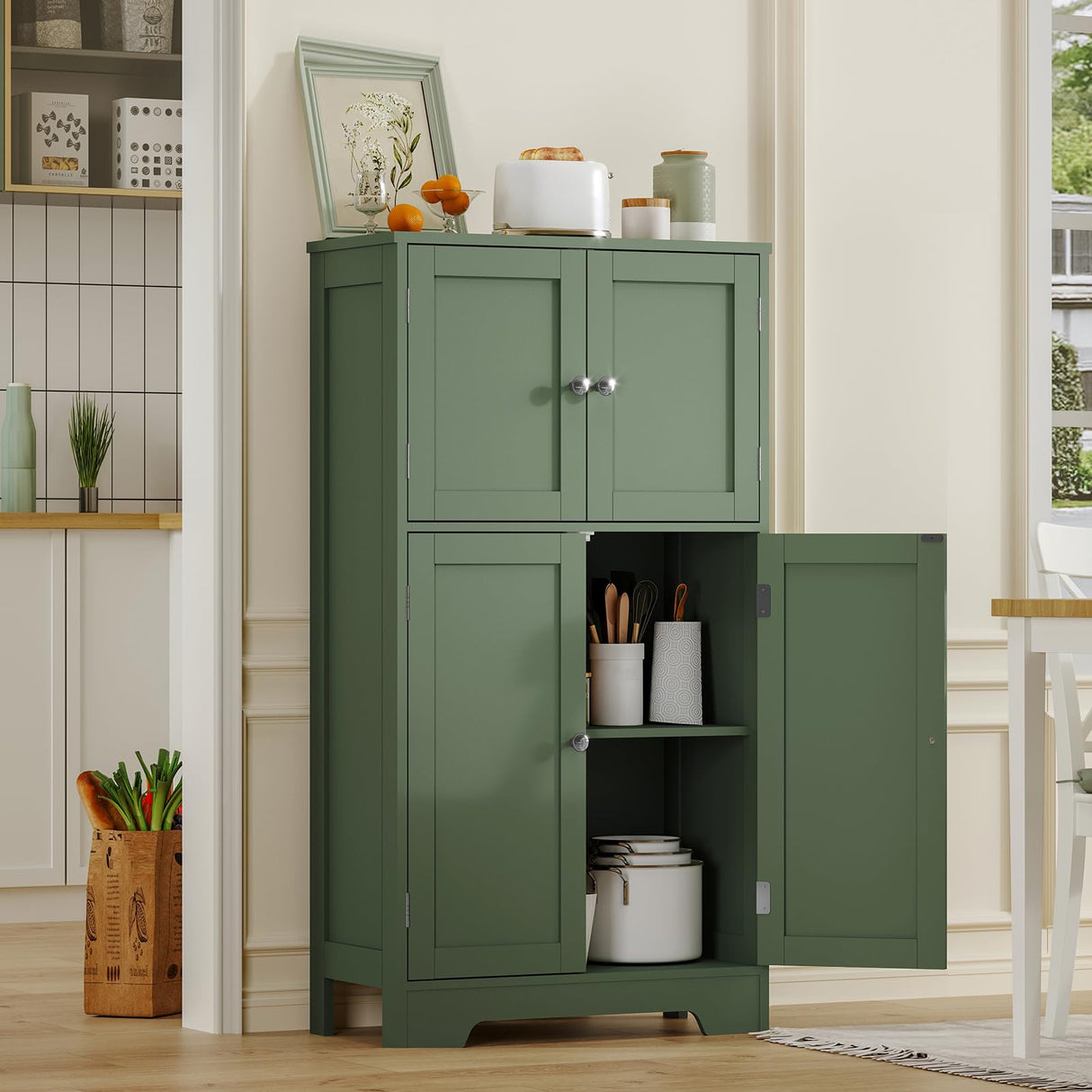 TEENFON Bathroom Floor Storage Cabinet, Freestanding Bathroom Cabinet with 4 Doors & 2 Adjustable Shelves, Cupboard, Floor Cabinets for Living Room, Entryway, Office, Forest Green TEENFON