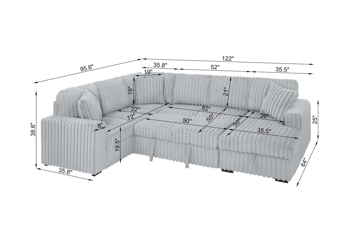 LUSPAZ 122 Inch Convertible U-Shape Sectional Sofa for Living room, Apartment and Restaurant, 6 Seater Rabbit Plush Fabric Large Sleeper Couch with USB Ports, Comfy Upholstered and Storage Chaise,Grey LUSPAZ