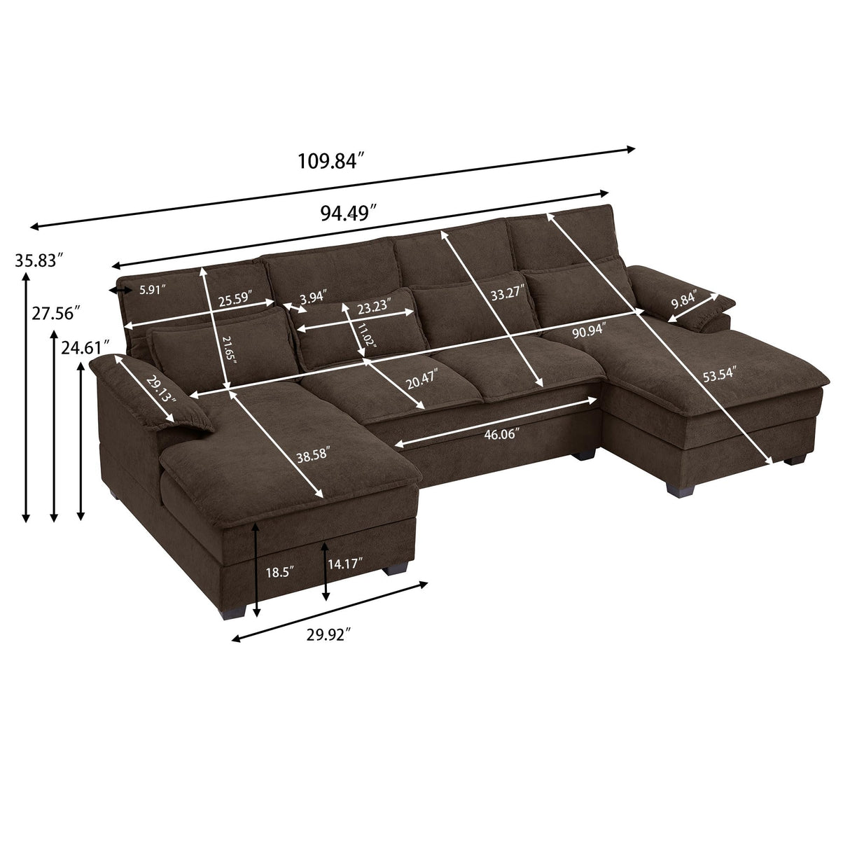 Chireca 110" Convertible Sectional Sofa, U Shaped Comfy Cloud Couch with Double Chaise and Padded Armrests, Modern Upholstered 4 Seater Sofa for Living Room, Apartment, Office, Coffee Chireca