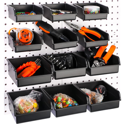 12 Pieces Pegboard Bins Kit 3.5'' 5.5'' Plastic Peg Board Storage Bins with Hooks Pegboard Accessories Workbench Bins Fits Any Peg Board for Organizing Hardware, Garage, Craft Room, Tool Shed