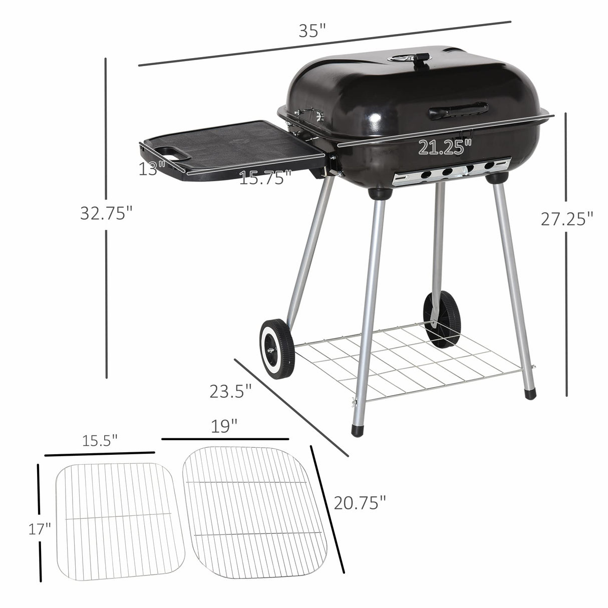 Outsunny Portable Charcoal Grill with Foldable Side Shelf and Bottom Shelf, BBQ Smoker with Wheels and Adjustable Vents on Lid for Picnic Camping Backyard Cooking, Black Outsunny