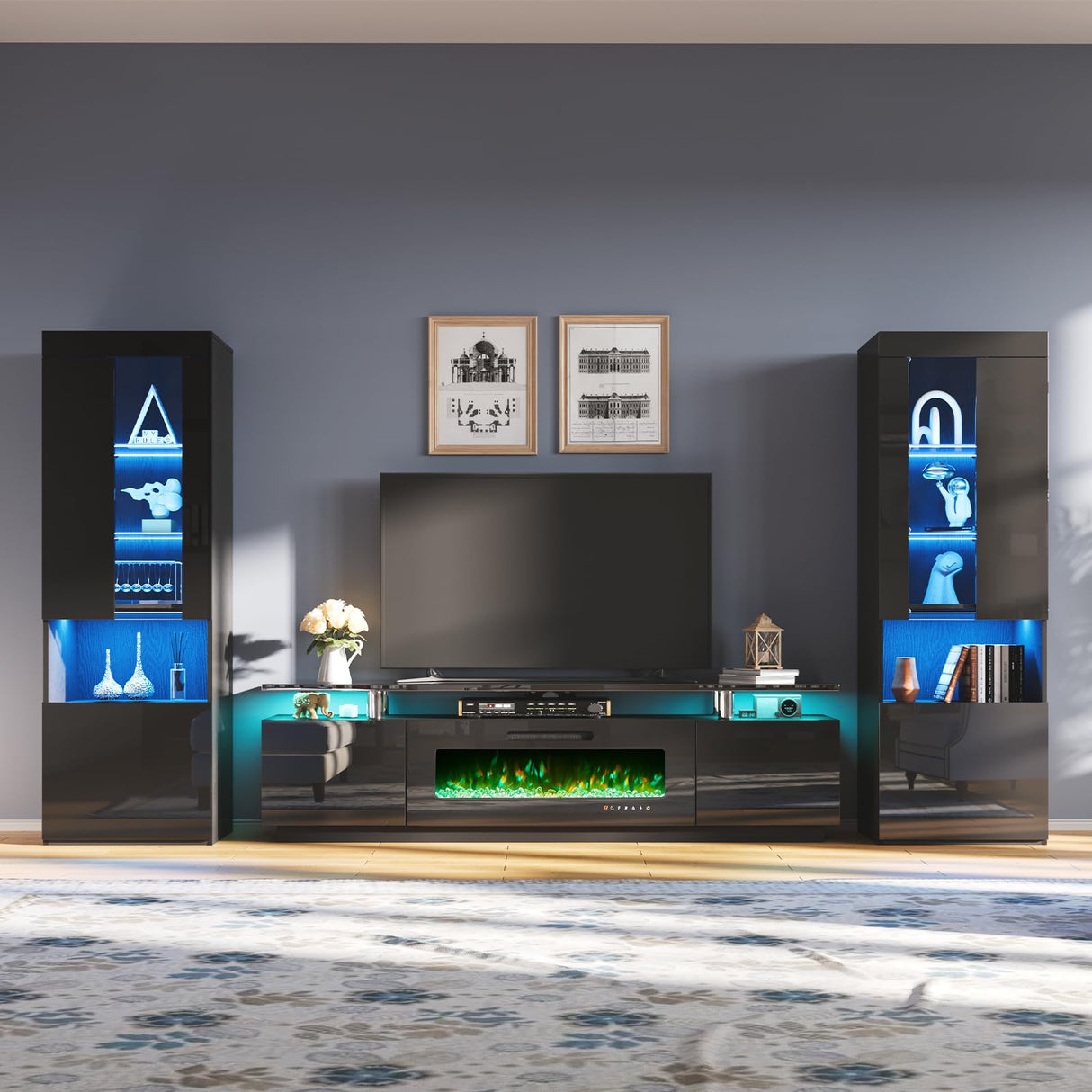 AMERLIFE Entertainment Center with Fireplace and Bookcases, Includes 80" 2-Tier Fireplace TV Stand with 40" Fireplace, 2 x High Gloss Bookshelves with LED Lights & Glass Doors, Obsidian Black AMERLIFE