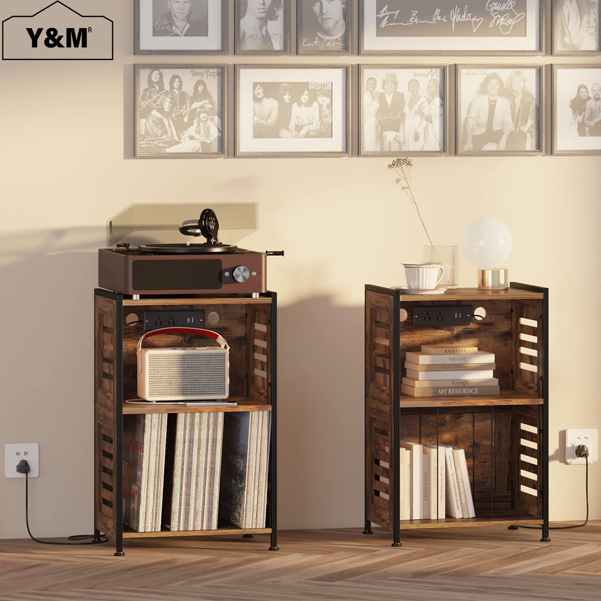 Y&M Record Player Stand, Vinyl Turntable Stand with Charging Station and USB Port, Record Display Table with Storage Cabinet, Turntable Holder, End Table, Nightstand for Bedroom, Living Room, Brown Y&M