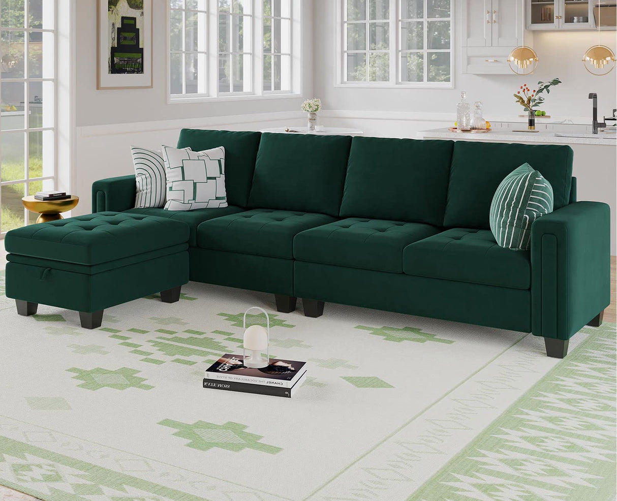 Belffin Velvet Reversible Sectional Sofa with Chaise Convertible L Shaped 4-seat Sectional Couch with Storage Ottoman Green Belffin