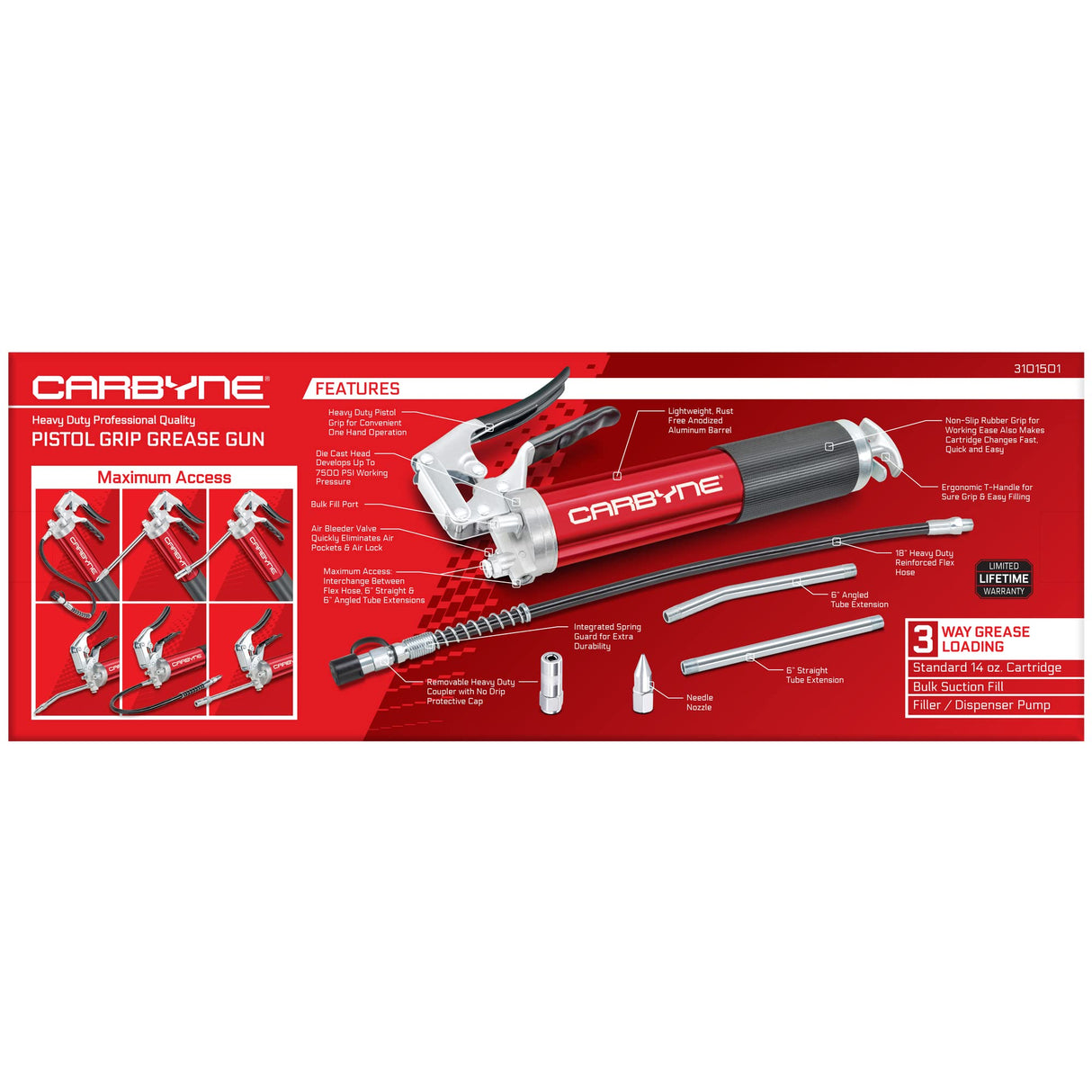 Carbyne Grease Gun - Pistol Grip, 7500 PSI, Heavy Duty Professional Quality, Anodized Aluminum Barrel. 18" HD Flex Hose w/Spring, 6" Straight & 6" Angled Tube, Coupler & Needle Noze, 3-Way Loading Carbyne