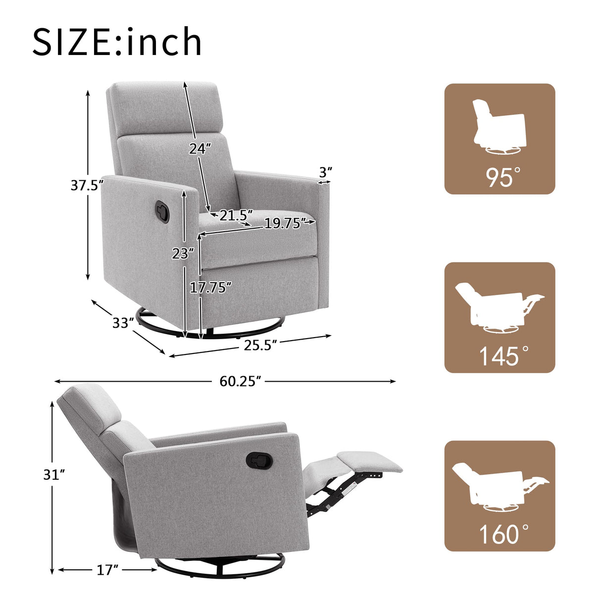 Merax Modern Upholstered Manual Swivel Recliner Chair w/Headsupport Adjustable Nursery Glider Rocker for Living Room, Bedroom Gray Merax
