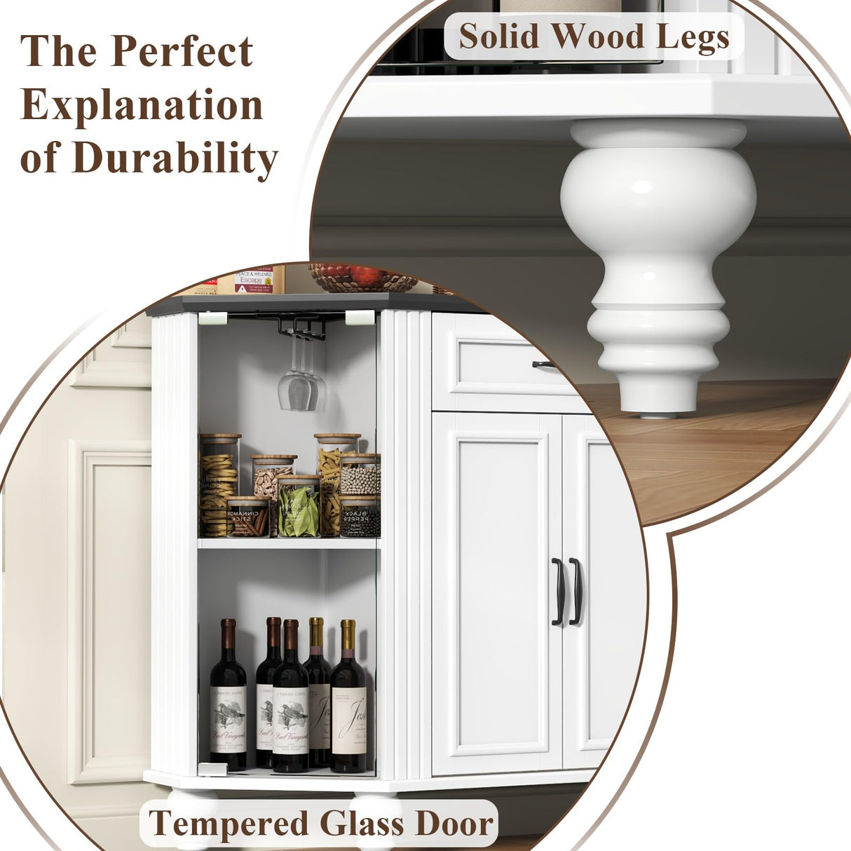 Gyfimoie Buffet Cabinet with Storage, Farmhouse Kitchen Sideboard Cabinet with Solid Wood Legs Coffee Bar Storage with Glass Door Side Shelves for Kitchen, Dining Room, Entryway Gyfimoie