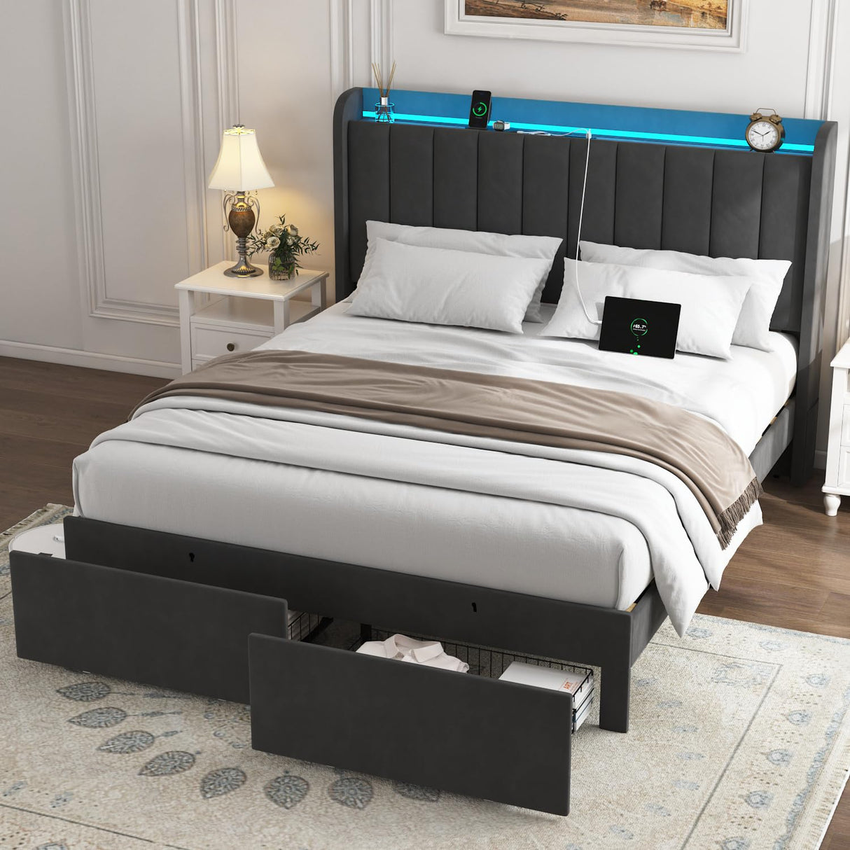 TIGUBFRE Dark Grey Full Size Upholstered Bed Frame with LED Lighting, Storage Headboard & Drawers TIGUBFRE