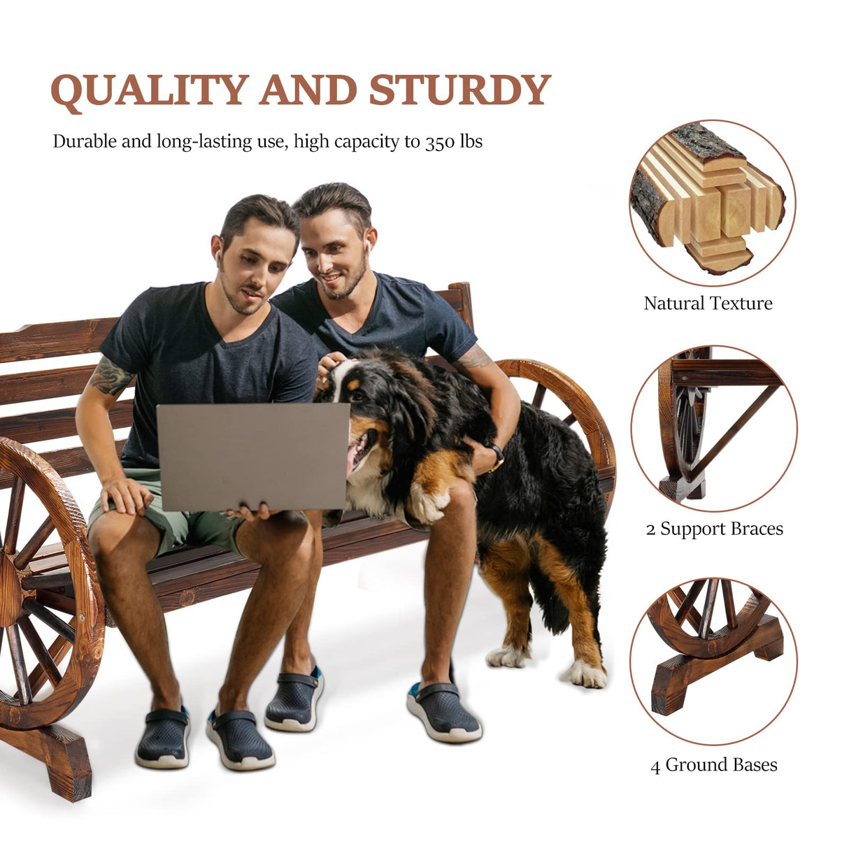 VINGLI Outdoor Rustic Wooden Bench with Wagon Wheel Arms, 3 People Outdoor Bench Garden Bench Front Porch Furniture Patio Lawn Yard Park, Indoor and Ourdoor Decor VINGLI