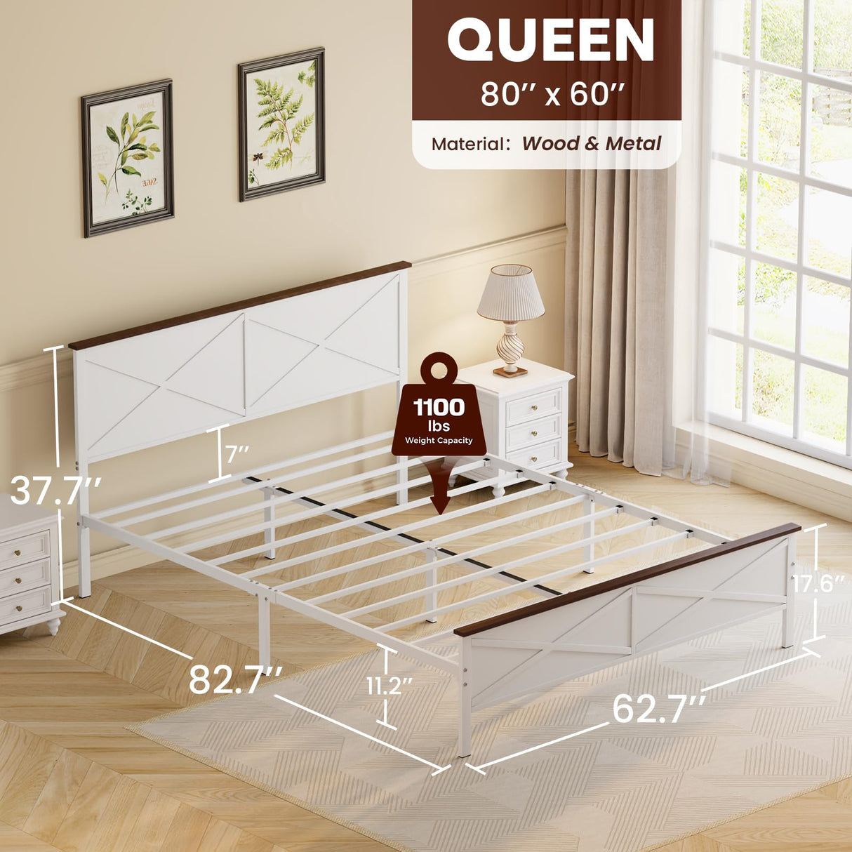 VOPEAK Farmhouse Queen Metal Bed Frame with Headboard and Footboard, Under-Bed Storage, Noise-Free, Easy Assembly, White VOPEAK