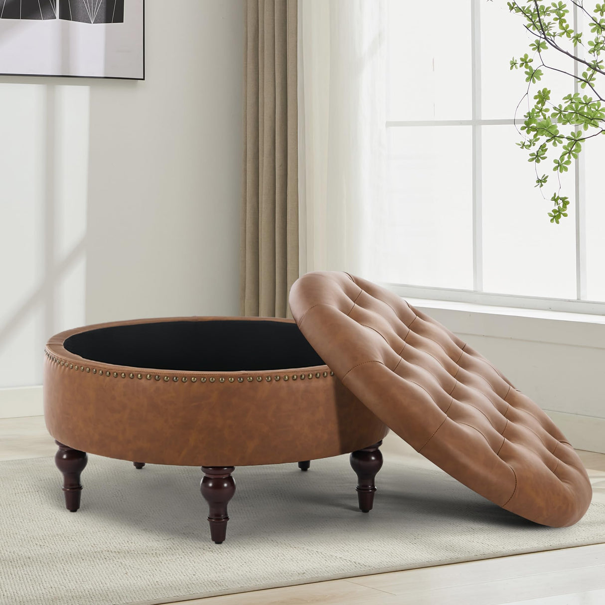 obmedin 31.5" Large Round Storage Ottoman, Upholstered Tufted PU Ottoman Coffee Table, Large Footrest with Solid Wooden Legs and Nailheads, Side Table for Living Room Bedroom Office, Brown obmedin
