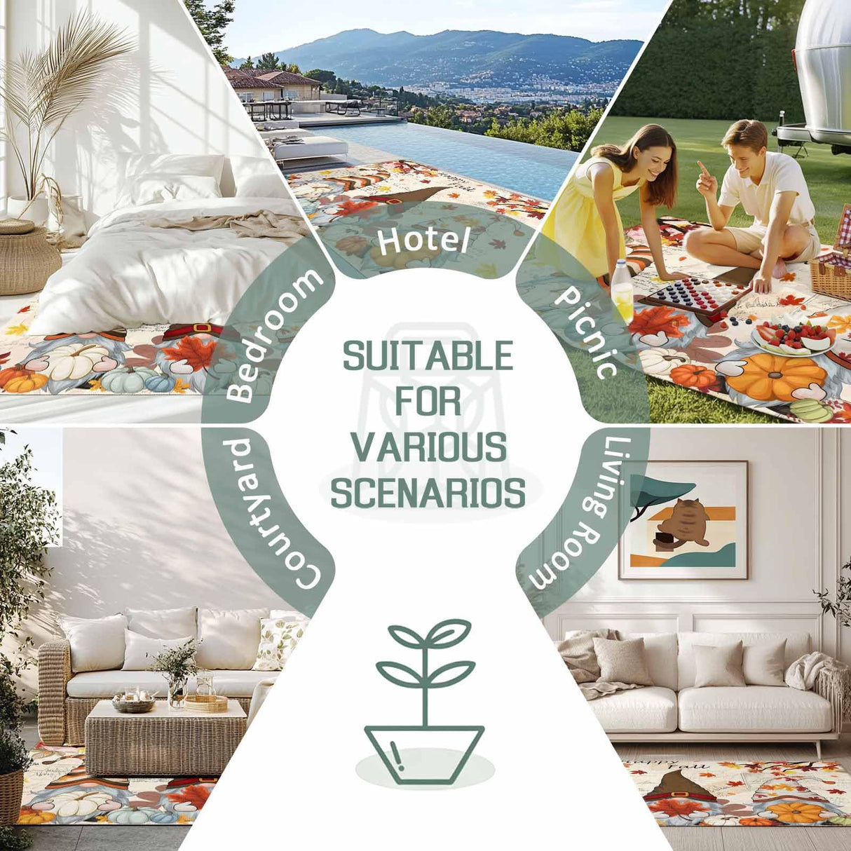 Thanksgiving Gnome Outdoor Rug 6x9ft Dwarf Fall Maple Leaves Pumpkin Retro Letter Waterproof Patio Rugs Lightweight Foldable Outside Large Area Rug Carpet for Porch Deck Balcony Backyard Camper Lkicikik