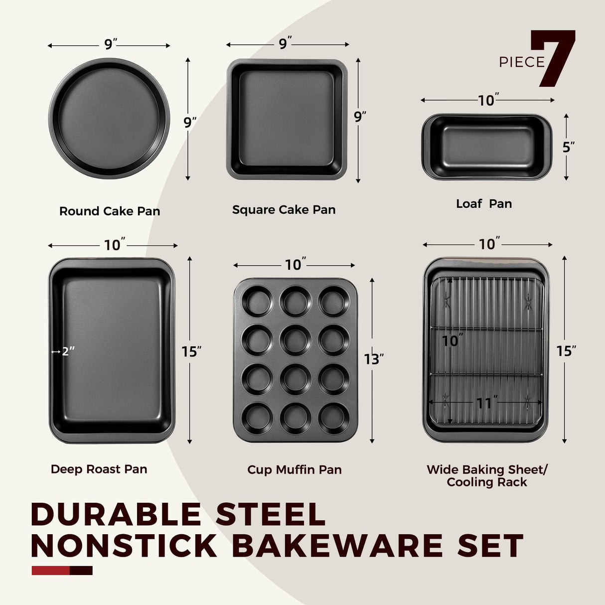 KITESSENSU Baking Pans Sets, Nonstick Bakeware Sets 7-Piece with Round/Square Cake Pan, Loaf Pan, Muffin Pan, Cookie Sheet, Roast Pan, Cooling Rack, Carbon Steel Bake Set KITESSENSU