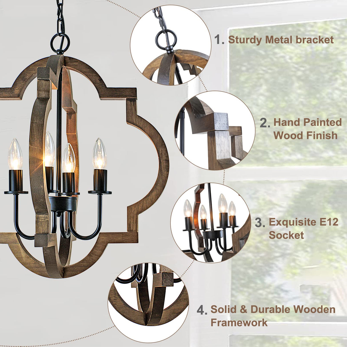 Rviezza 19.49'' Farmhouse Wood Chandelier, 4-Light Rustic Dining Room Light Fixture, Orb Chandelier Light Adjustable Height, Pendant Lighting for Kitchen Island Foyer Living Room Over Dining Table Rviezza