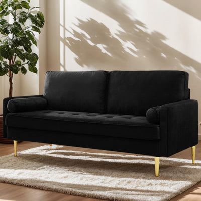 Thctvous 65" Loveseat Sofa with 2 Pillows, Comfy Love Seat Cuches with Gold Legs,Velvet Small Couchs for Living Room Bedroom Office Apartment,Mid Century Modern Couch (Black)
