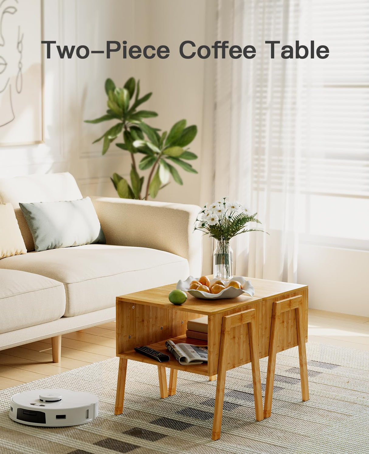 Pipishell Bamboo Stackable End Tables, Wood Living Room Nightstand, Bedside Tables for Bedroom Storage, 2PCS Pipishell