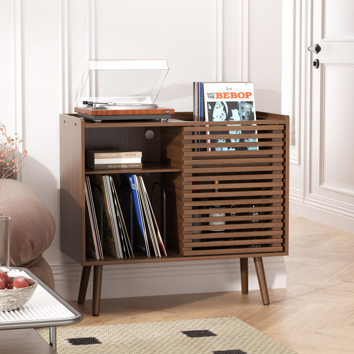 Mid Century Modern Record Player Stand with Power Outlet and Storage Cabinet, Slide Door for Bedroom and Living Room Halitaa