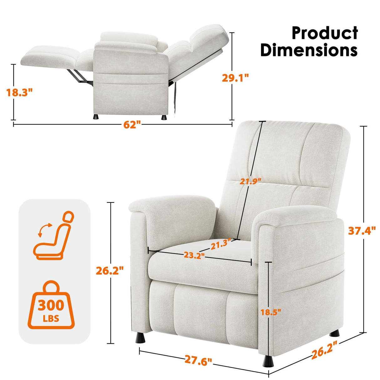 Pipishell Power Recliner Chairs for Adults, Recliner Chair with Remote, Adjustable Recline/Footrest, Chenille Fabric, High Back, Thick Seat Cushion, Small Recliner for Living Room, Home Theater, White Pipishell
