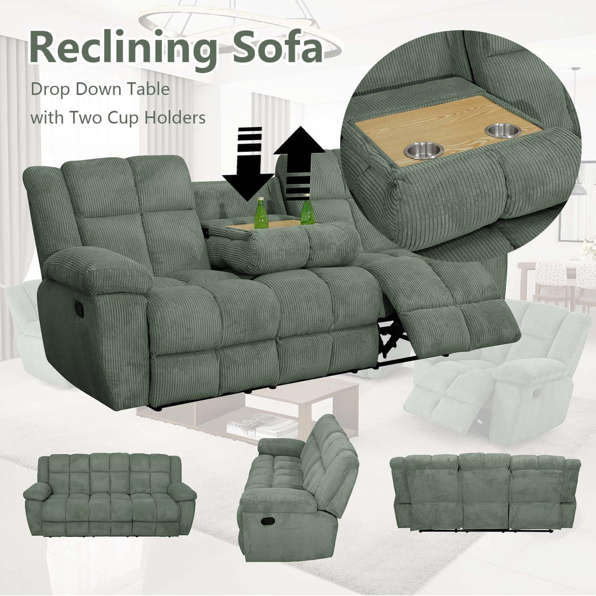 SIENWIEY Recliner Sofa Set for Reclining Living Room Furniture,Green Corduroy Reclining Sofa and Loveseat Set Manual Fabric Reclining Couch Set with 3 Seater Reclining Sofa 2 Seater Loveseat Recliner SIENWIEY
