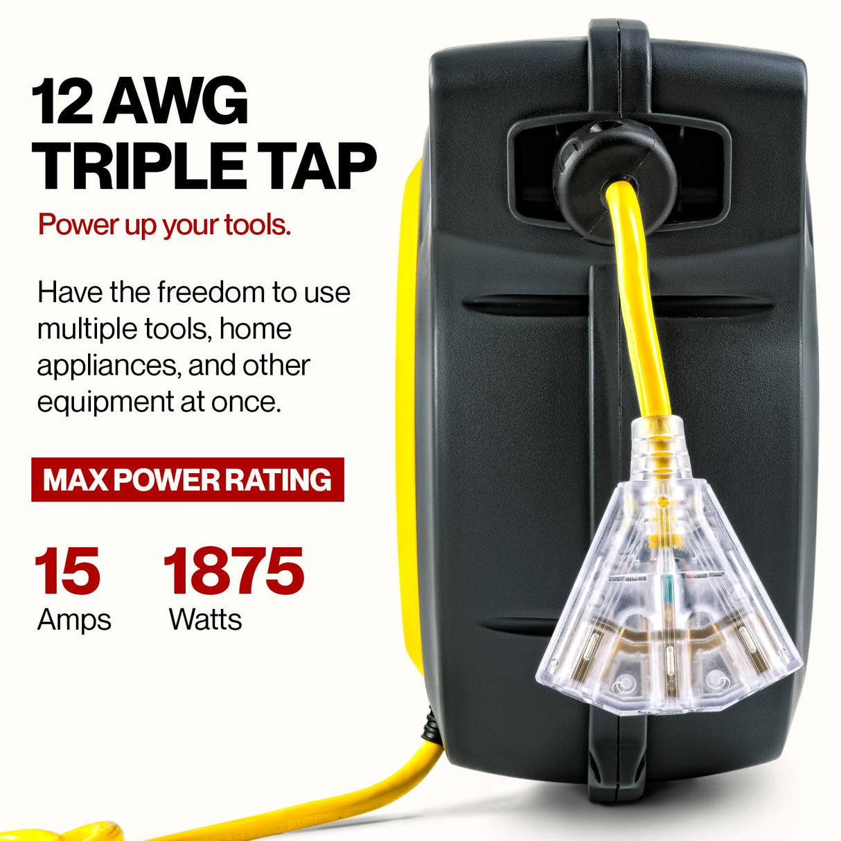 ReelWorks Extension Cord Reel Retractable 12AWG x 50' Foot 3C/SJTOW Glow Strip Cable and Lightup Triple Tap Connector Advanced Slow Retraction Technology (SRT) ReelWorks