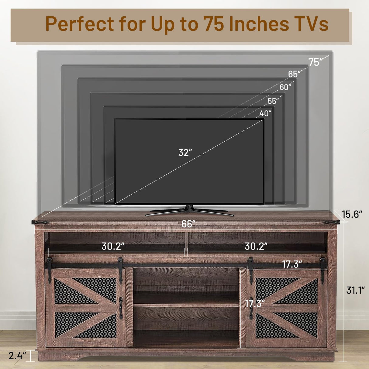 Zanzio XZ0-66TVS Rustic Farmhouse TV Stand, Distressed Brown Zanzio