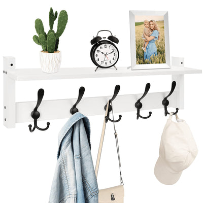 Homode Wall Shelf with Hooks, 24 Inch Coat Rack with Shelf, Farmhouse Entryway Floating Shelf with Tri Hooks, Coat Hanger with Storage for Bathroom, Entry Way, Mudroom, White