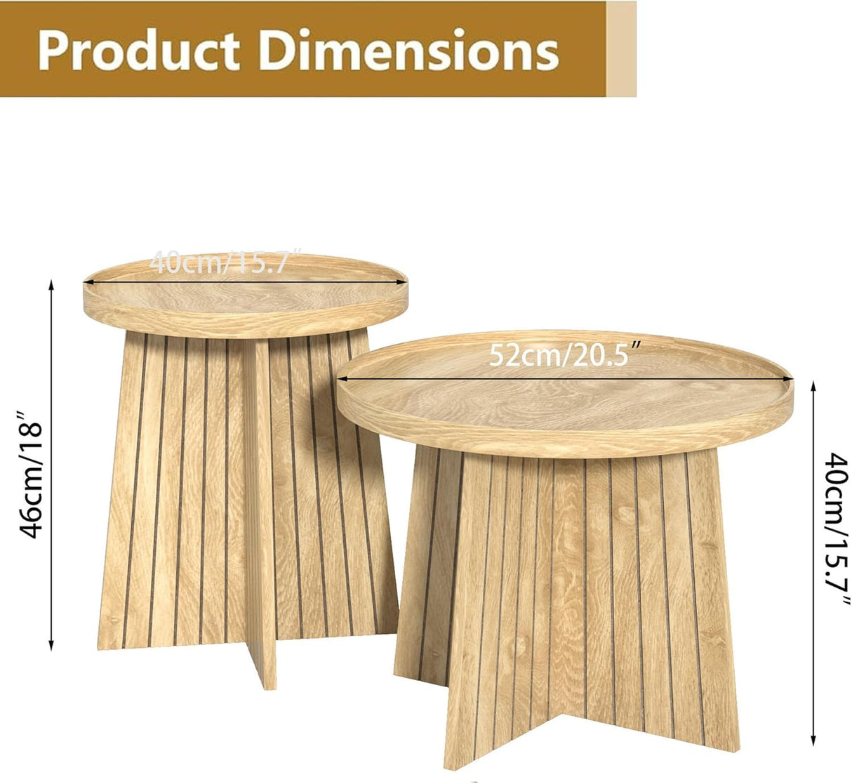 Round Coffee Table Set of 2, Mid Century Modern Fluted Nesting Coffee Table, Center Tables, Small Round Wood Coffee Table, Side End Table for Living Room, Bedrrom, Office (Wood Color) Fsbecl