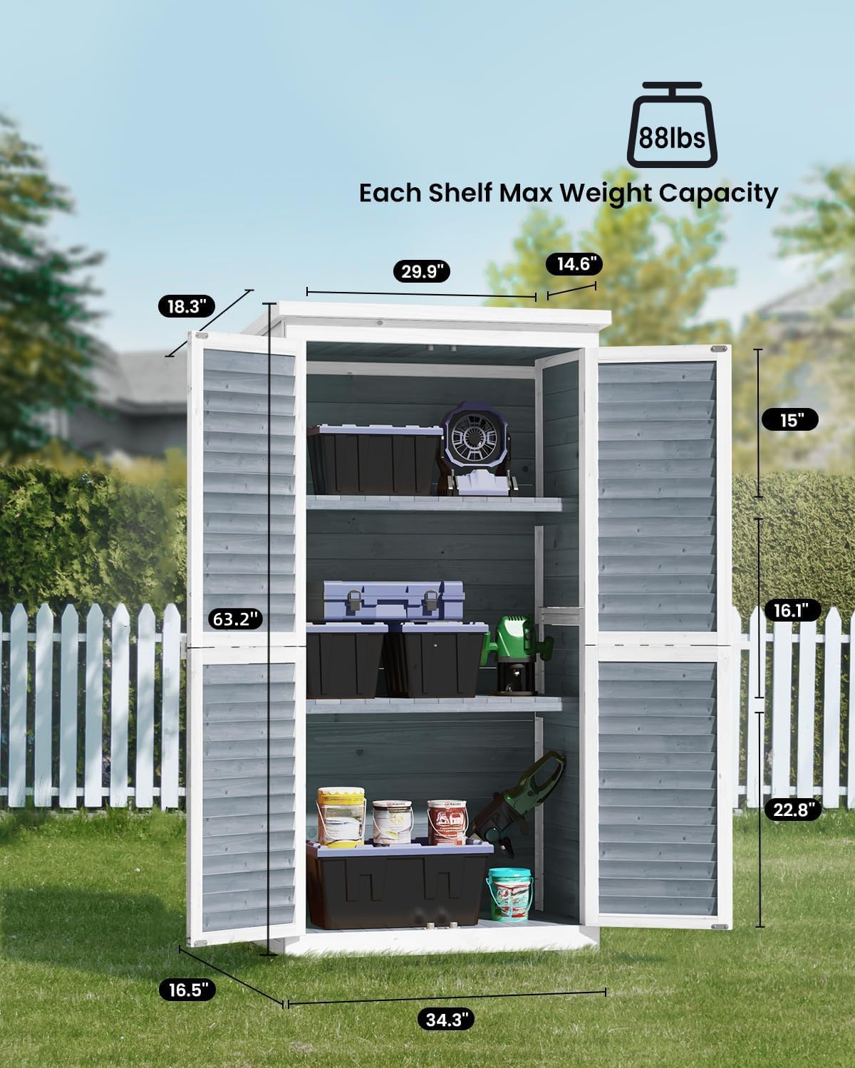 Bealife 63.2" Outdoor Storage Cabinet with Double Doors, Lockable Vertical Storage Shed with 3 Shelves Organizer, Waterproof Fir Wood Tool Closet Shed for Garden, Backyard, Patio, and Lawn -Grey Bealife