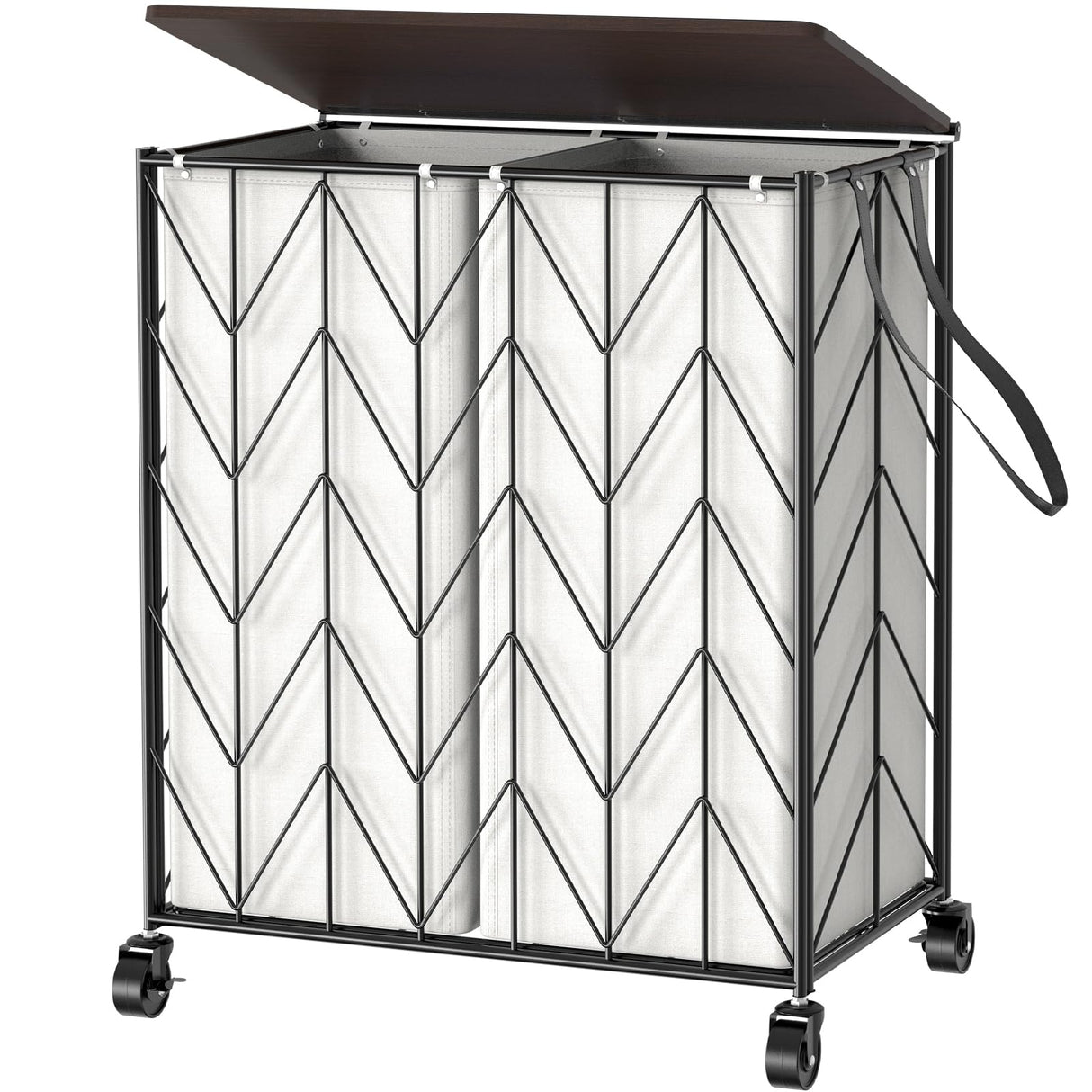 WOWLIVE Laundry Basket with Wheels, Heavy Duty Laundry Hamper with Wood Lid, Clothes Hamper with Divided Removable Liner Bag, Large Capacity Iron-Made Laundry Sorter Laundry Room Organization (Beige) WOWLIVE