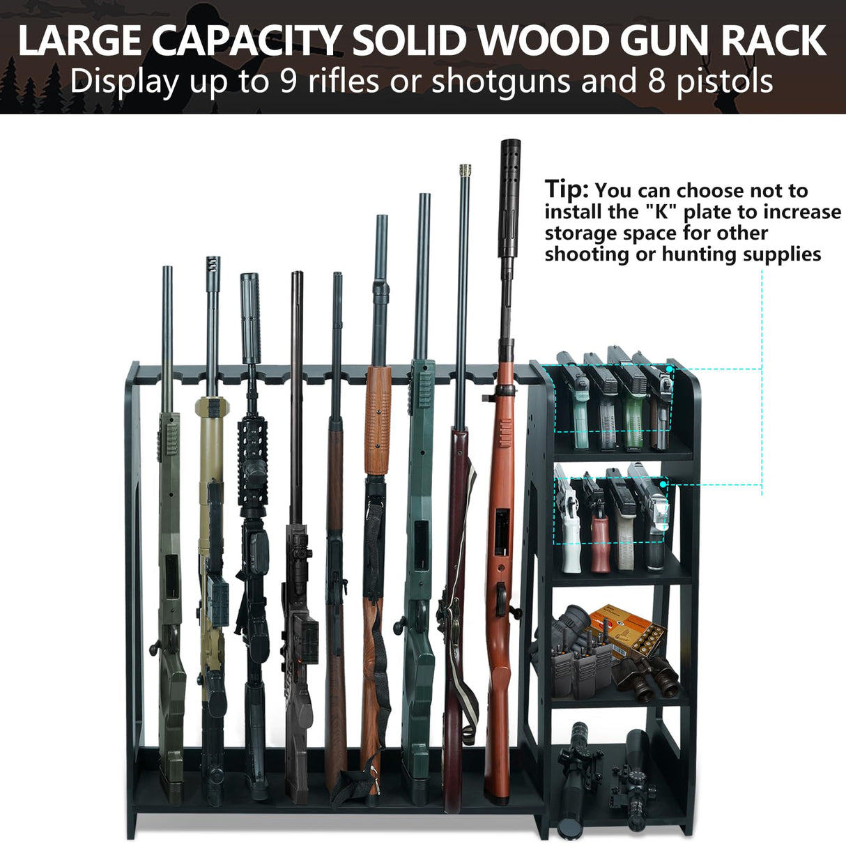 Semohop Gun Racks,Wooden Rifle Racks with Pistol Rack, Floor Standing Shotgun Rack Indoor, Gun Display Rack Rifle Storage Holder for Home or Garage Gun Storage - Holds up to 9 Long Guns and 8 Handguns Semohop