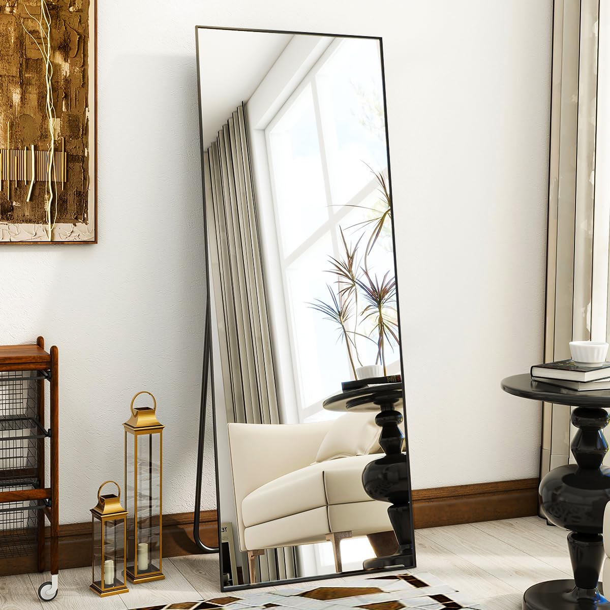 VooBang Mirror Full Length, 21" x 57" Floor Mirror with Stand, Aluminum Alloy Frame Full Body, Standing Hanging or Leaning Against Wall for Bedroom and Living Room, Black VooBang