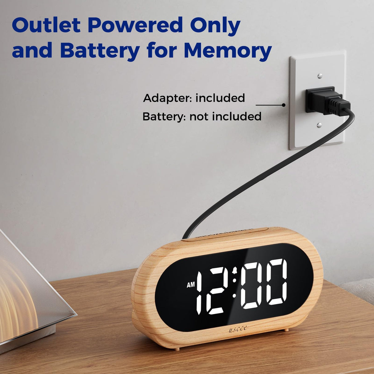 uscce Small Digital Clock for Bedroom: 6 Dimmable Brightness 4 Alarm Volume - Plug in Clock with Easy Operation for Bedside Desk Wood Grain uscce