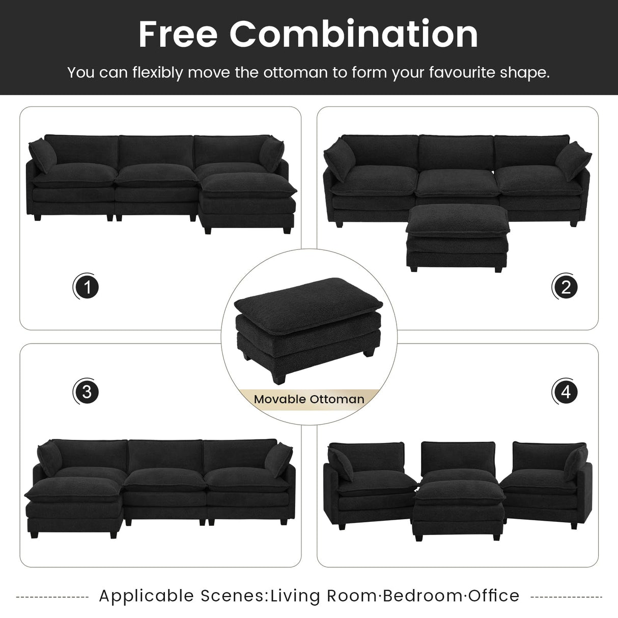 ROWHY Oversized Modular Sectional Couch with Movable Ottoman, 112" Modern Convertible L Shaped Sofa Set, 4 Seat Comfy Cloud Couch with 2 Throw Pillows, for Living Room and Office, Chenille, Black ROWHY